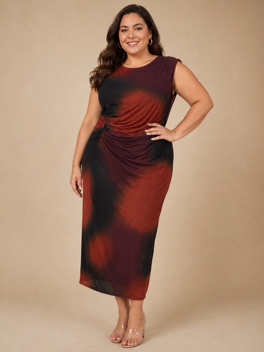 MICAS Ruched Bodycon Midi Dress Small Ombre Red Black Sleeveless Cocktail NWT